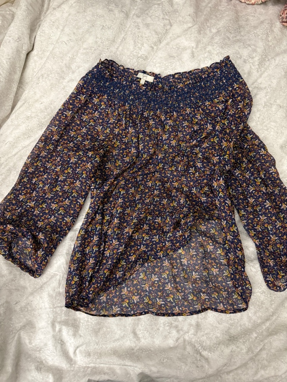Joie Navy Floral Smocked Off-Shoulder Blouse